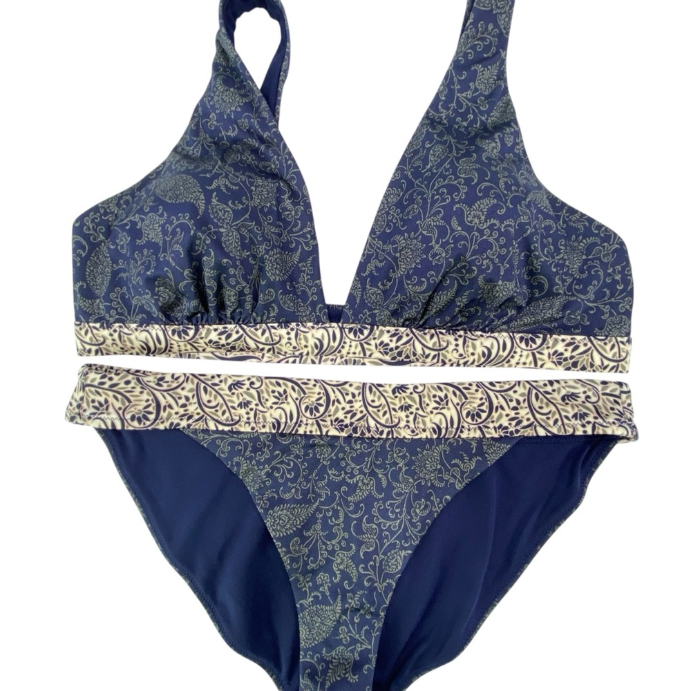 Athleta Navy and Cream Paisley Halter Bikini Set